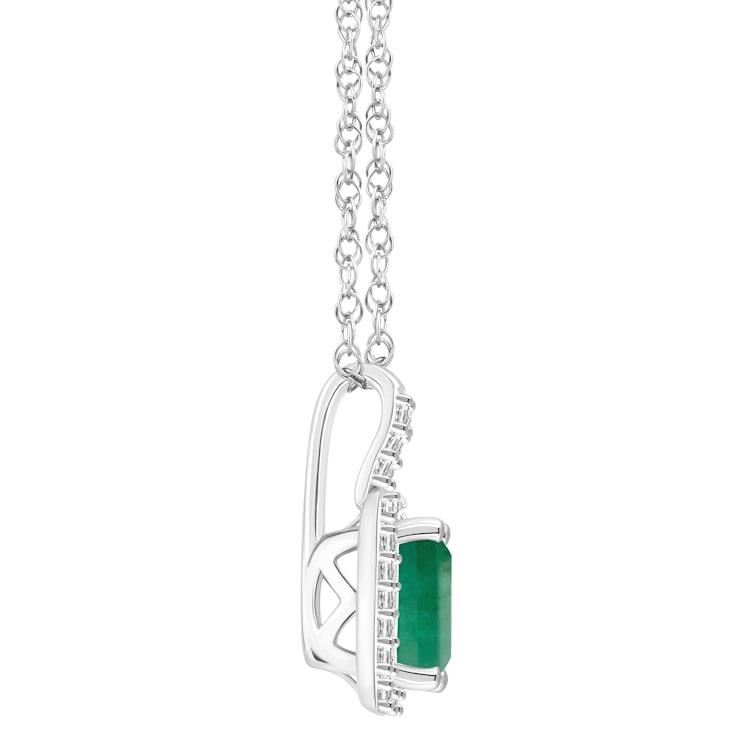 6x4mm Emerald Cut Emerald 1/8 ctw Diamond Rhodium Over Sterling Silver
Halo Pendant with Chain