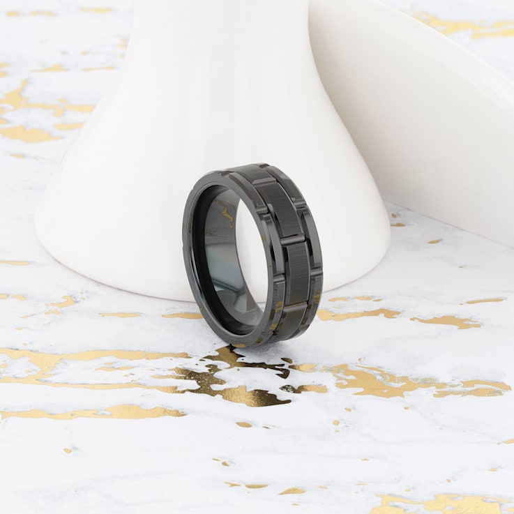 WINDSOR Beveled Black Tungsten Carbide Wedding Band with Brushed Finish
and Alternating Grooves 8mm