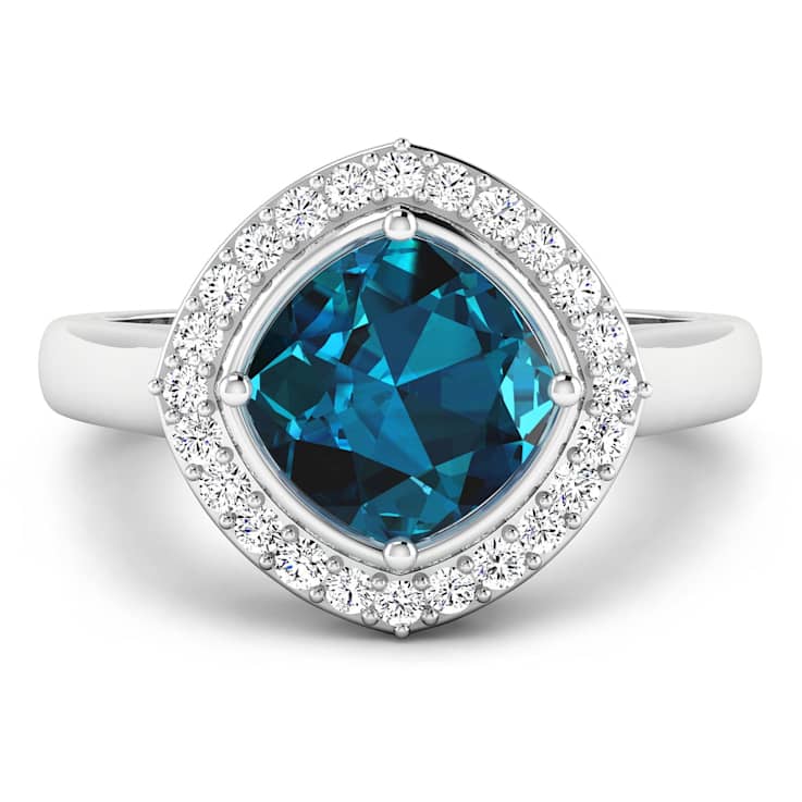 Cushion Cut London Blue Topaz and White Diamond 14K White Gold Halo Ring
2.39 ctw