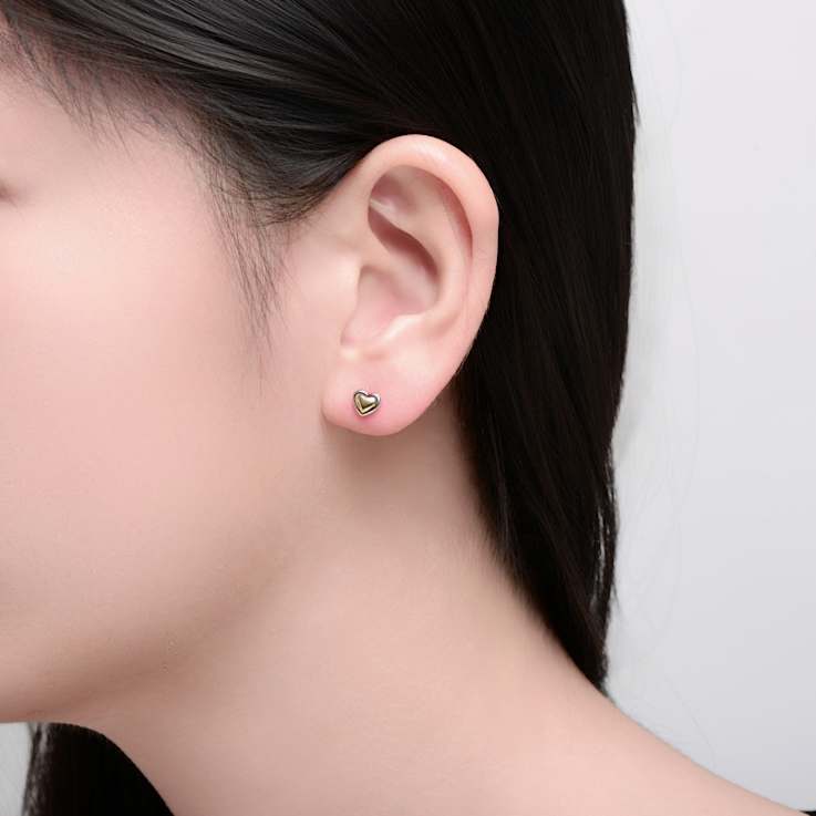 Sleek Heart Stud Earrings In Two-Tone Rhodium Over Brass