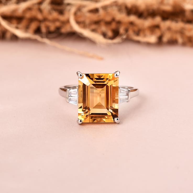Citrine with White Zircon Accents Rhodium Over Sterling Silver Statement
Ring, 5.96ctw