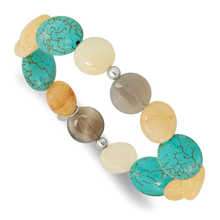 Sterling Silver Jade, Magnesite and Sardonyx Stretch Bracelet
