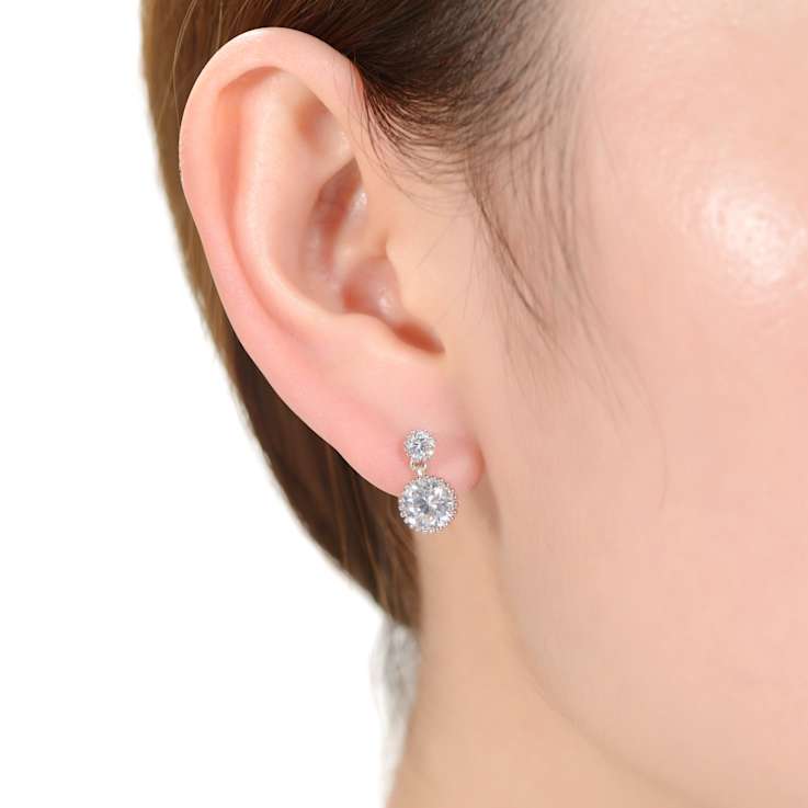 Two-Stone CZ Milgrain Drop Earrings In White Rhodium Over Brass