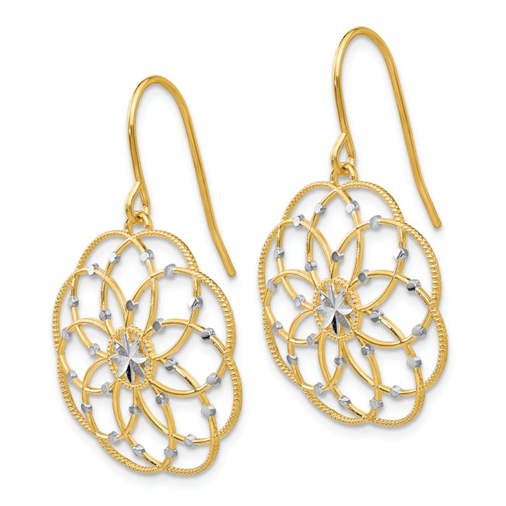14k Yellow Gold and Rhodium Over 14k Yellow Gold Diamond-Cut Fancy
Dangle Earrings