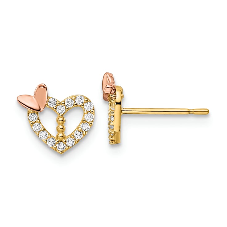 14K Yellow Gold and 14K Rose Gold Heart with Butterfly and Cubic
Zirconia Stone Stud Earrings