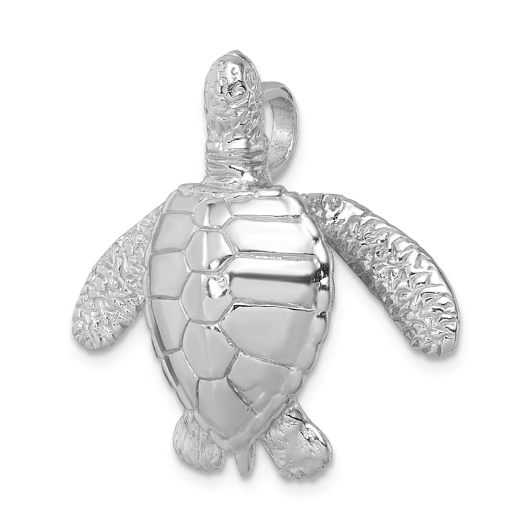 Rhodium Over Sterling Silver Polished and Textured Sea Turtle Slide Pendant