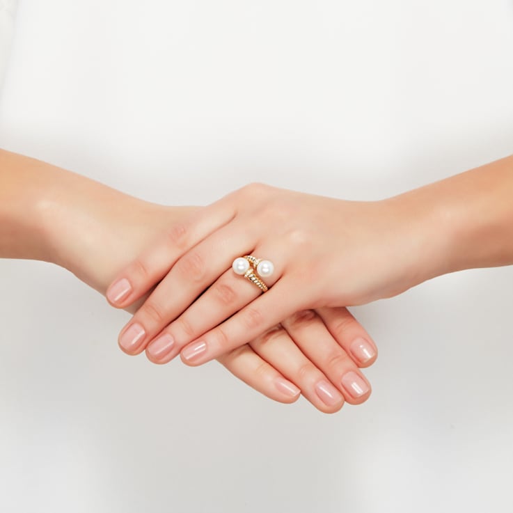 8-8.5mm Round White Freshwater Pearl 10K Yellow Gold Bypass Ring