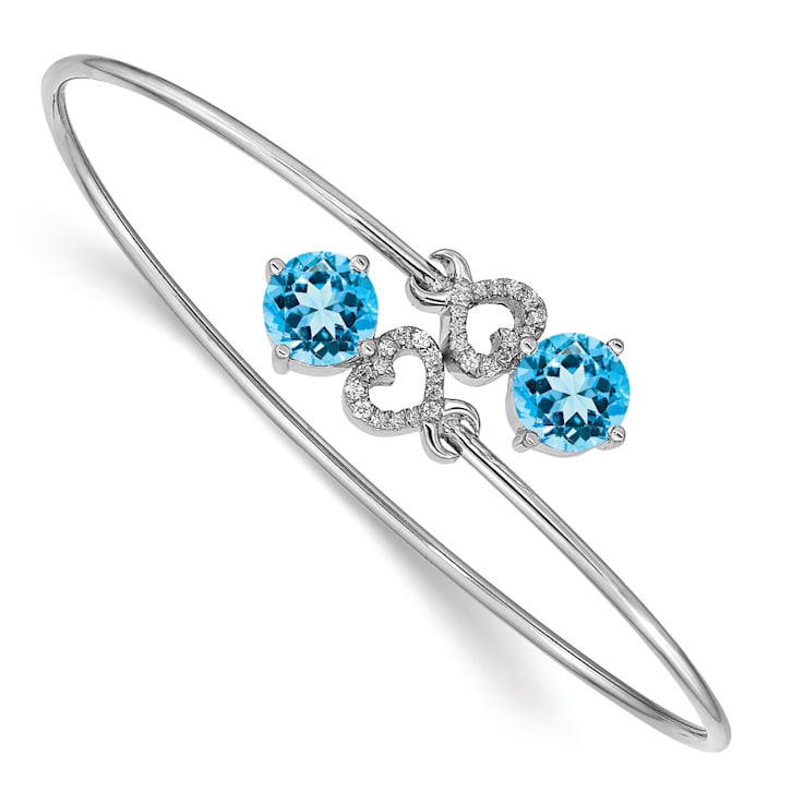 Rhodium Over 14k White Gold Blue Topaz and Diamond Flexible Bangle