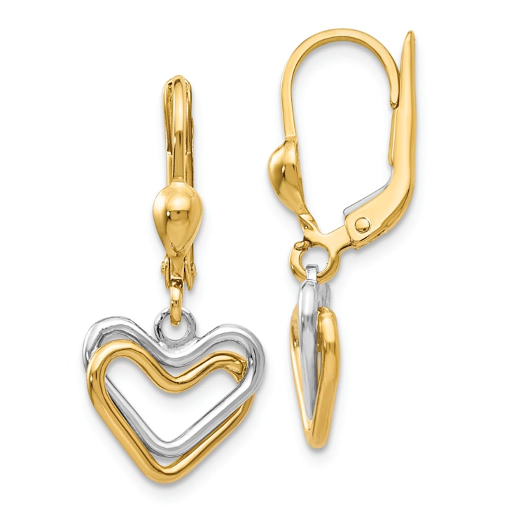 14k Yellow Gold and 14k White Gold Double Heart Dangle Earrings