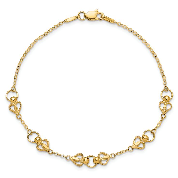10k Yellow Gold Diamond-Cut Textured Hearts and Beads Link Bracelet
