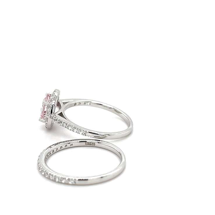 Round Pink Morganite and Cubic Zirconia Rhodium Over Sterling Silver Ring