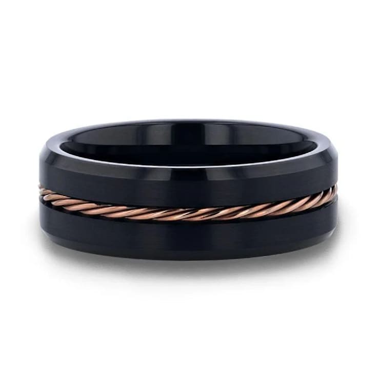 ADELARD Rose Gold Braided Brushed Center Black Tungsten Wedding Band
With Polished Beveled Edges 8mm