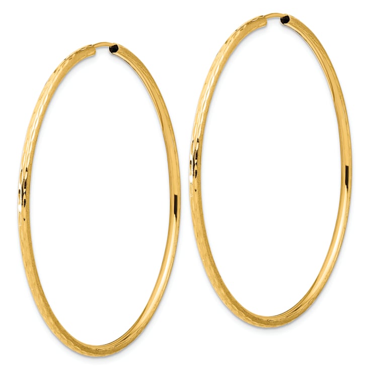 14k Yellow Gold Polished, Satin and Diamond-Cut 2 1/8" Endless Hoop Earrings