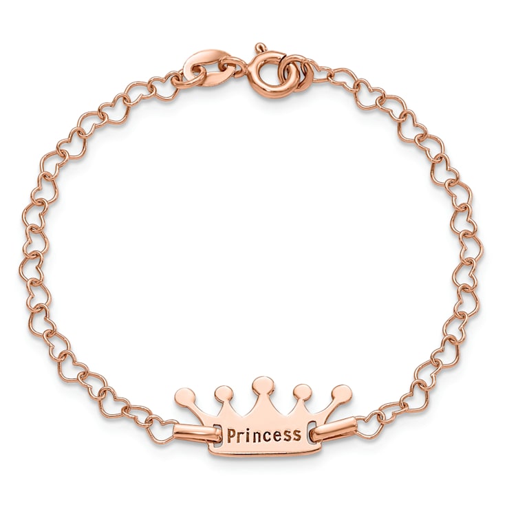 14K Rose Gold Over Sterling Silver Princess Crown Heart Link Children's Bracelet