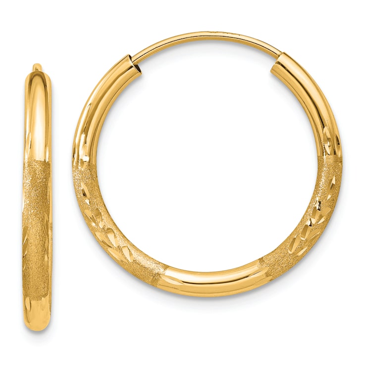 14k Yellow Gold Satin and Diamond-Cut 13/16" Endless Hoop Earrings