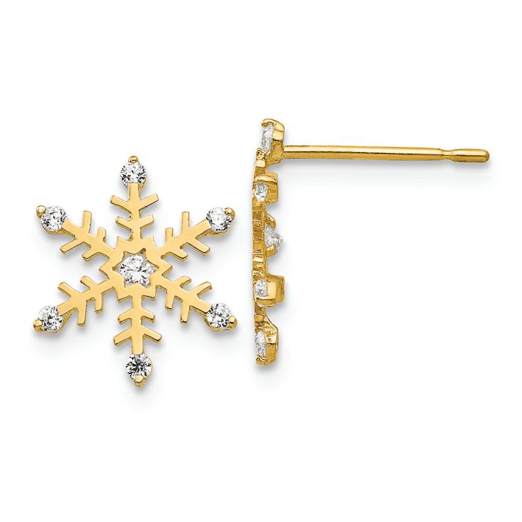 14k Yellow Gold 12mm Children's Cubic Zirconia Snowflake Stud Earrings