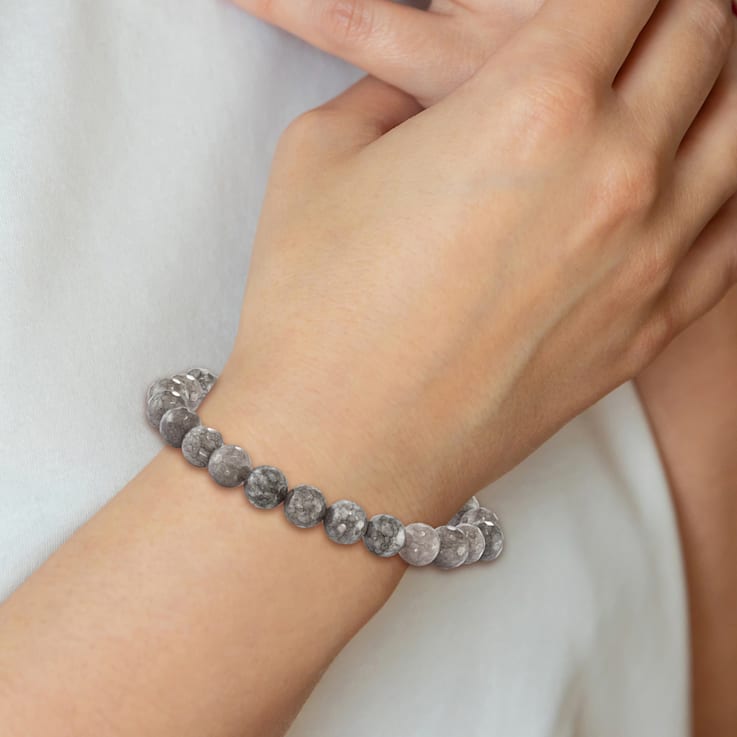 Stainless Steel Polished Light Brown Jade Bead Stretch Bracelet