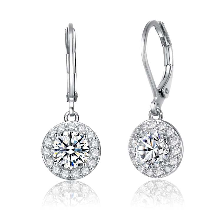CZ Halo Drop Earrings In White Rhodium Over Brass