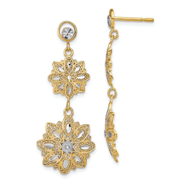14k Yellow Gold and Rhodium Over 14k Yellow Gold Diamond-Cut Filigree
Floral Dangle Earrings