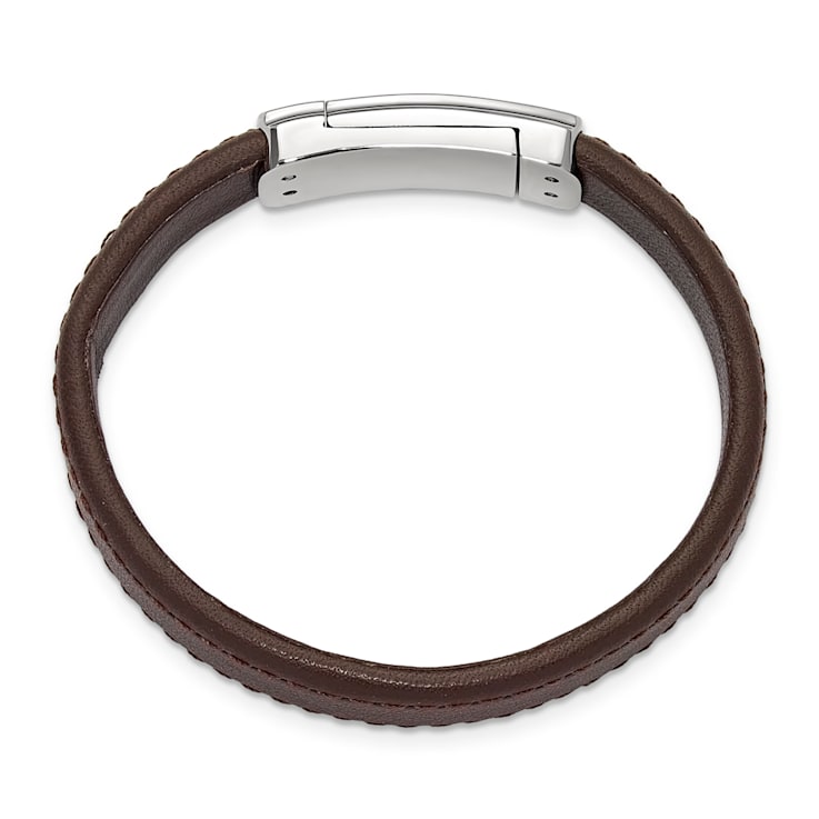 Brown Leather and Stainless Steel Rose IP-plated 7-inch Bracelet