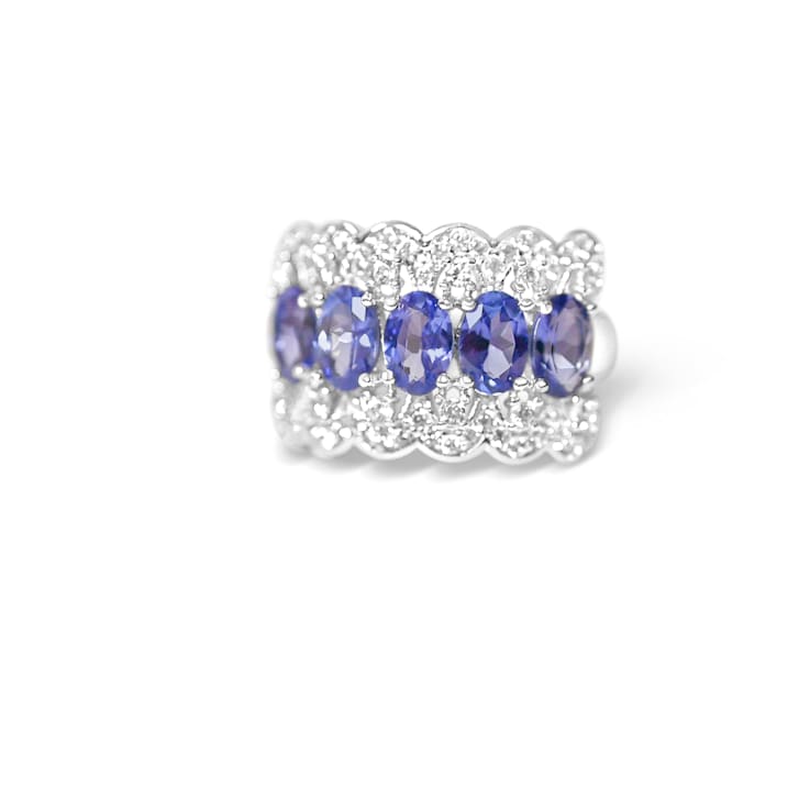 Rhodium Over Sterling Silver Oval Tanzanite and White Zircon Ring 2.22ctw