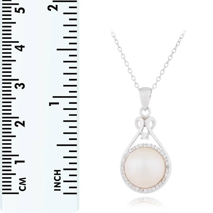 10-11mm Button White Cultured Freshwater Pearl and CZ Rhodium Over
Sterling Silver Pendant