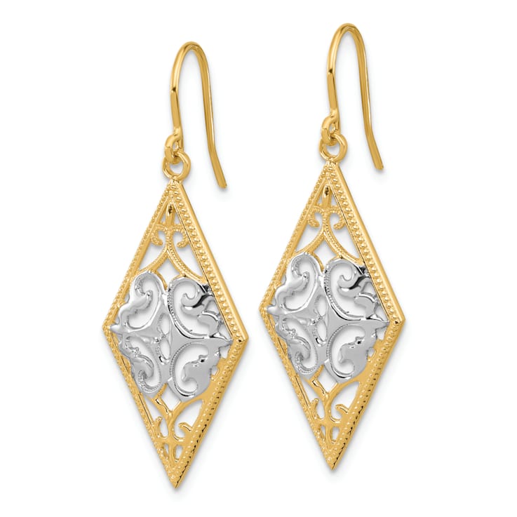 14K Two-tone Gold Diamond Shape Filigree Dangle Earrings