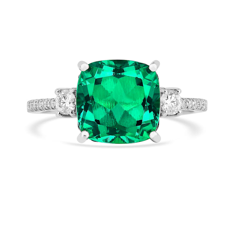 Lab Created Emerald and Moissanite Rhodium Over Sterling Silver 3-Stone Ring