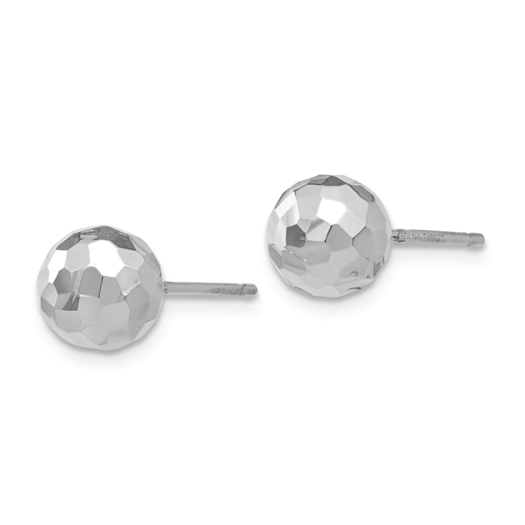 Rhodium Over 14k White Gold Polished and Diamond-Cut 7mm Ball Stud Earrings