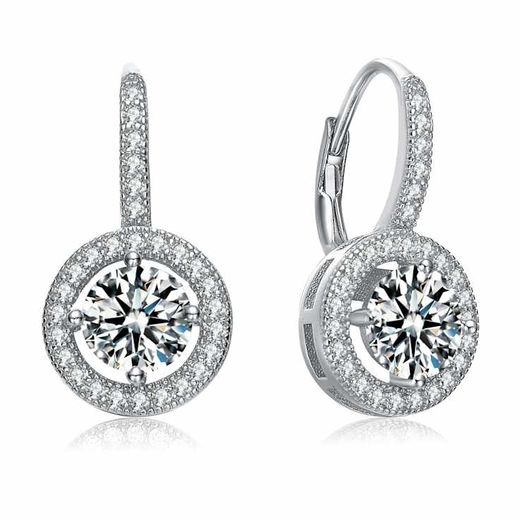 CZ Halo Drop Earrings In Sterling Silver