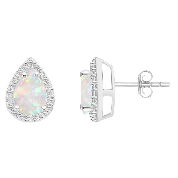 7x5mm Pear Shape Created Opal And Created White Sapphire 10k White Gold
Halo Stud Earrings