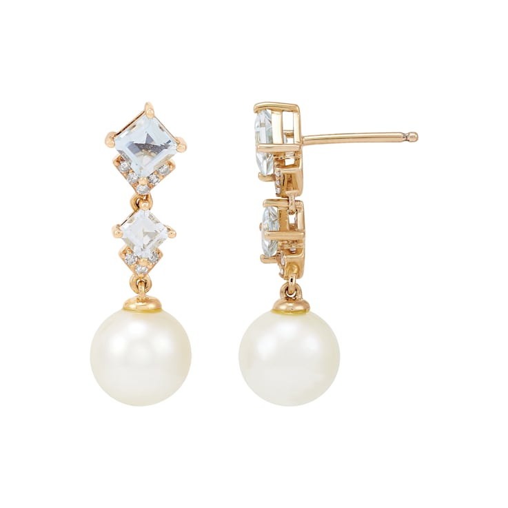 8-8.5mm Round White Freshwater Pearl with Aquamarine and Diamond 14K
Yellow Gold Drop Earrings