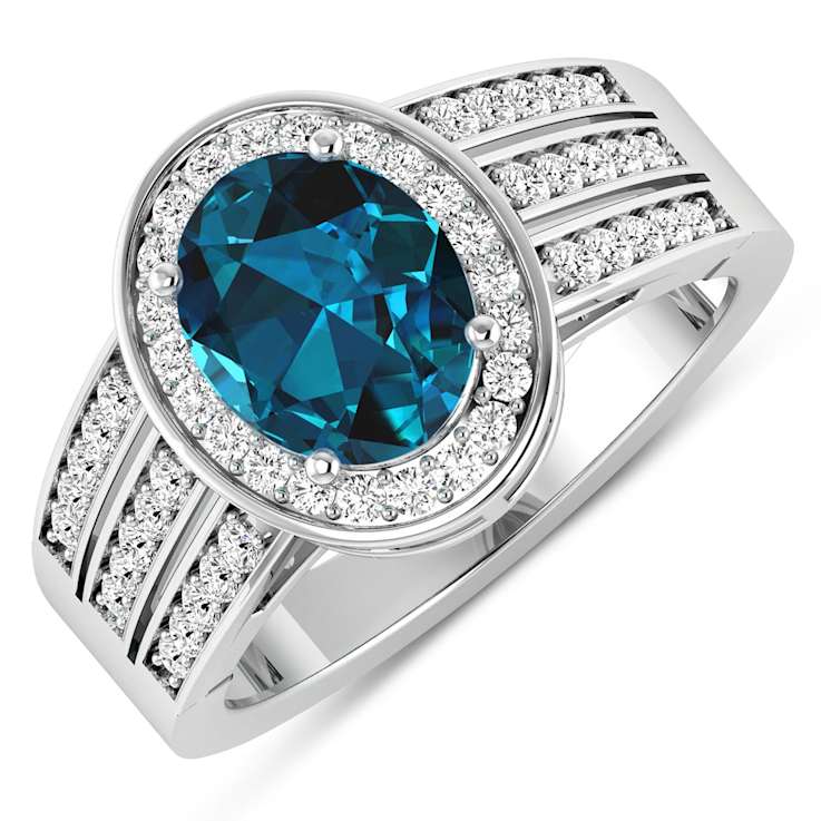 2.34ctw London Blue Topaz and Diamond 14K White Gold Halo Ring