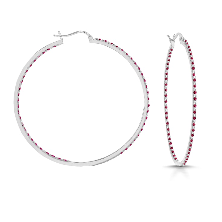 Red Cubic Zirconia, Slim Large Hoop Earrings