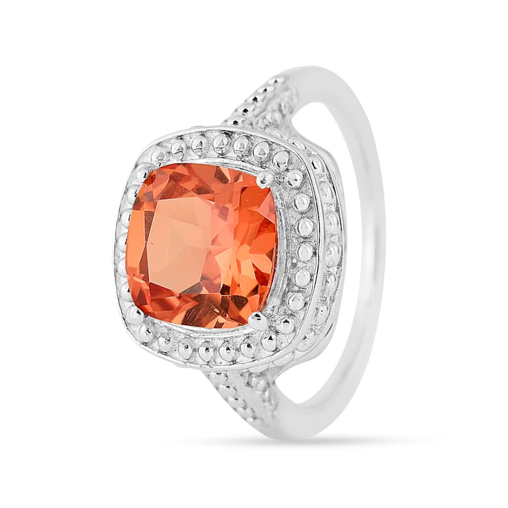 Peach Orange Lab Created Padparadscha Sapphire Rhodium Over Sterling
Silver Cushion Cut Ring