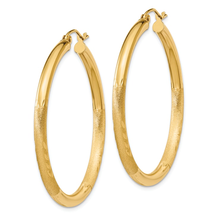 14k Yellow Gold Satin and Diamond-cut 1 9/16" Round Hoop Earrings