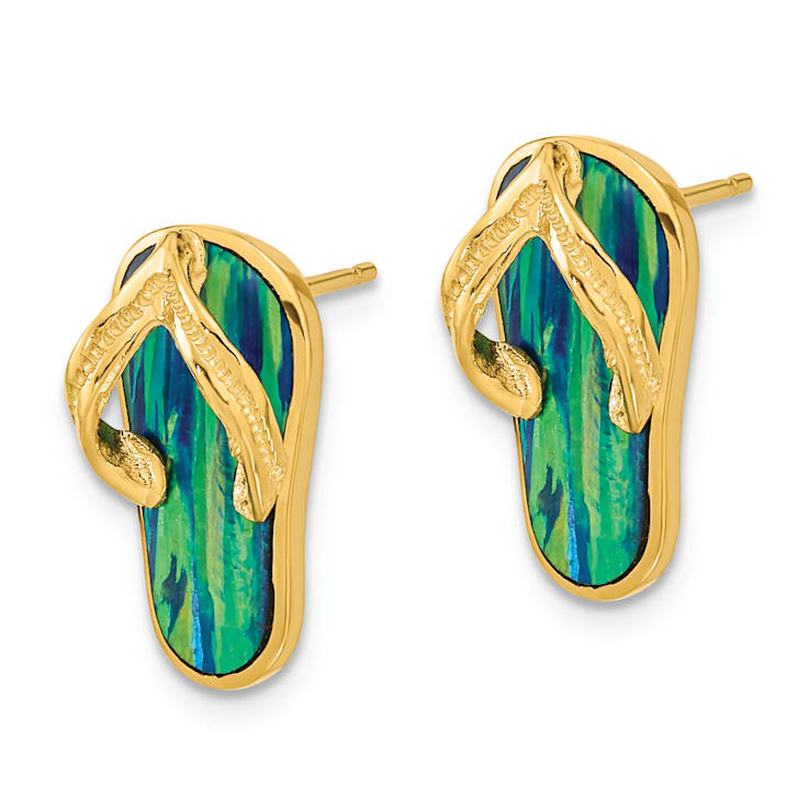14k Yellow Gold Polished and Textured with Lab Created Blue Opal Flip
Flop Stud Earrings