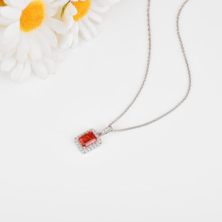 Peach Orange Lab Created Padparadscha Sapphire and Moissanite Sterling
Silver Necklace with chain