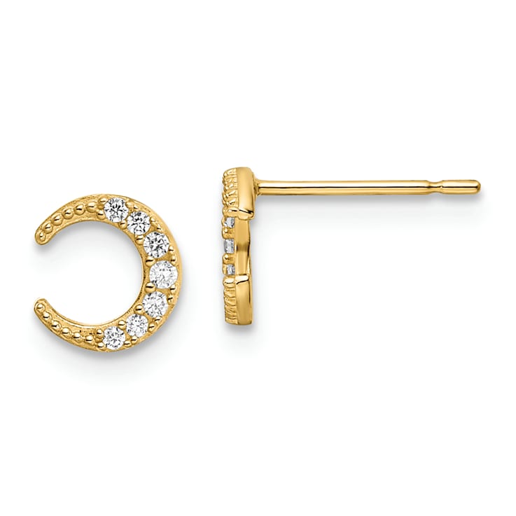 14K Yellow Gold Textured Cubic Zirconia Moon Stud Earrings