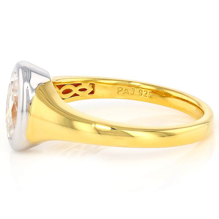Two-Tone Bezel Set Oval Moissanite Solitaire Ring In 14k Gold Over Silver