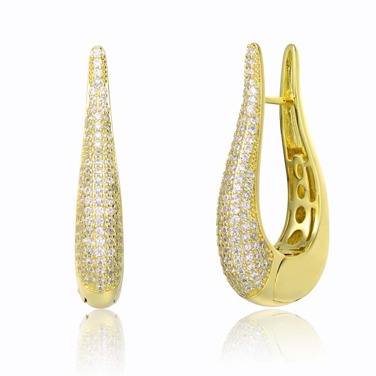 Raindrop CZ Pave Hoop Earrings In 14K Gold Over Brass