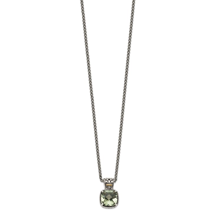 Sterling Silver Antiqued with 14K Accent Green Quartz Necklace