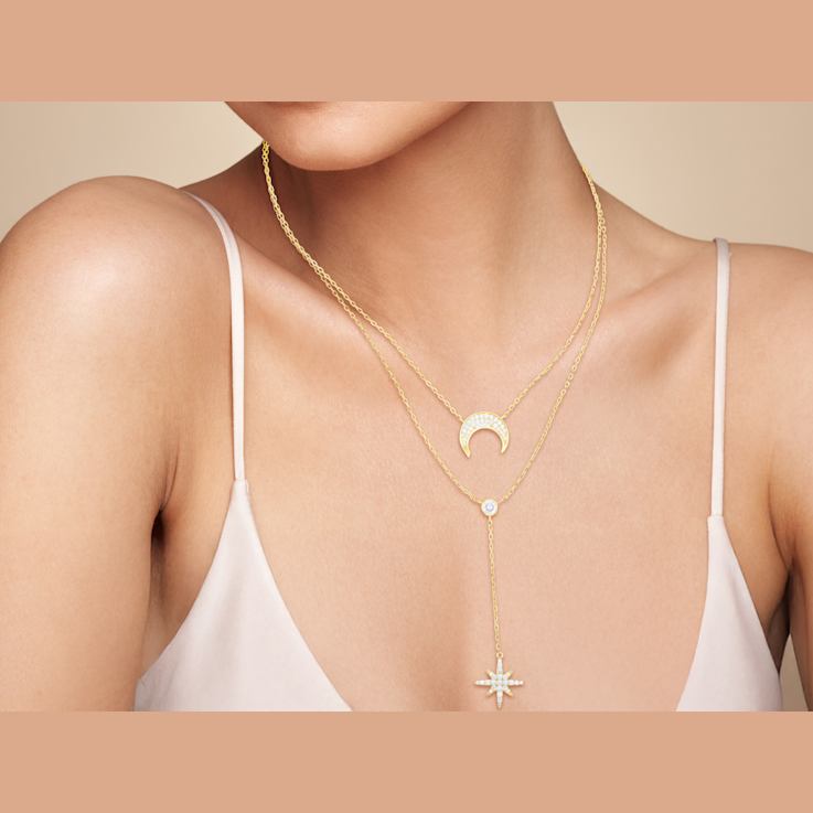 Sterling Statements 14K Yellow Gold Over Sterling Silver CZ Celestial
Double Layer Necklace