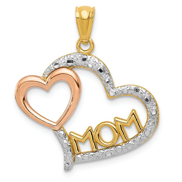 14K Tri-color Gold Diamond-Cut MOM in Heart with Heart Pendant