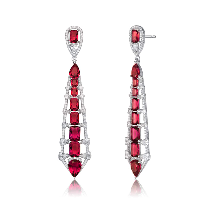 Red Cubic Zirconia, Rhodium Over Sterling Silver Ladder Style Dangle Earrings