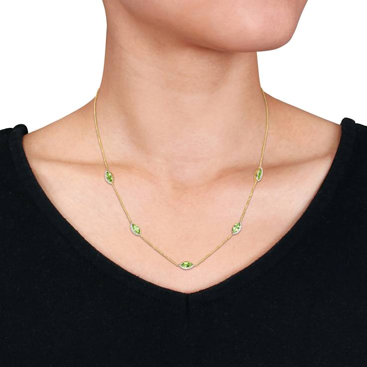 Peridot and Diamond 14K Yellow Gold Station Necklace 3.02ctw