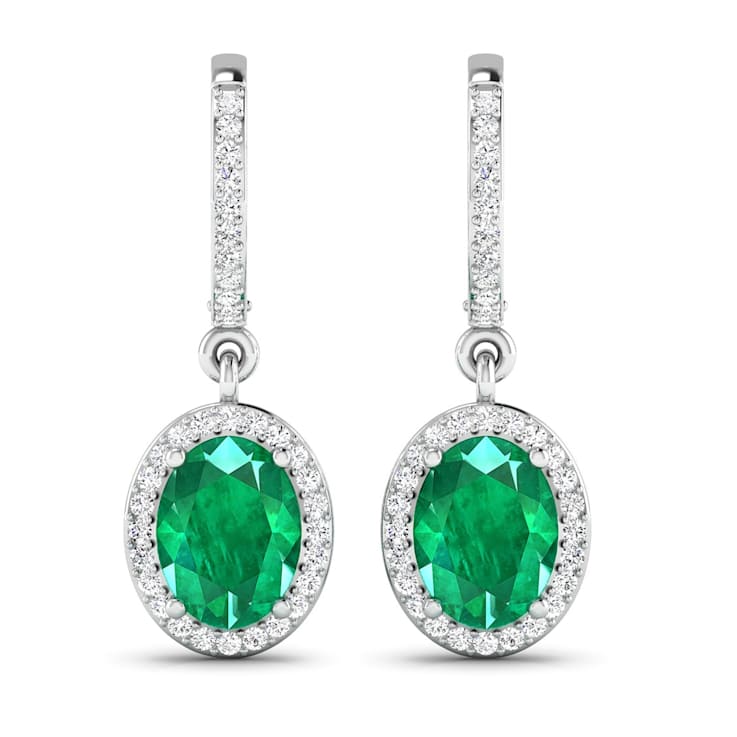 2.0ctw 14K White Gold  Zambian Green Emerald and White Diamond Halo Earrings