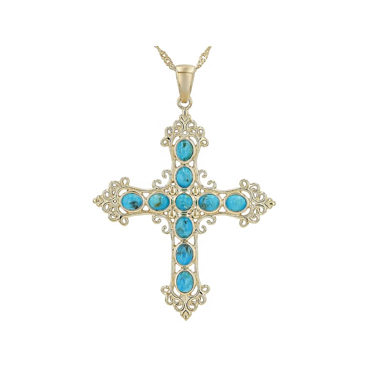 Turquoise Filigree Cross Pendant Necklace In 18K Gold Over Sterling Silver