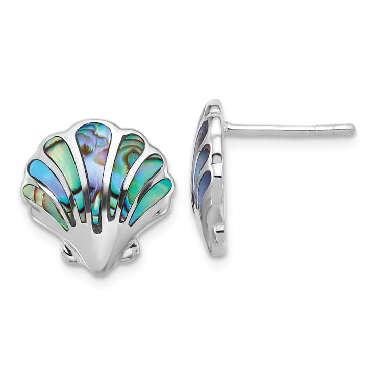 Rhodium Over Sterling Silver Polished Abalone Shell Post Earrings