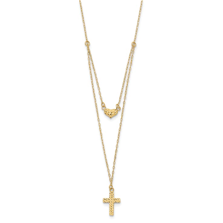 14K Yellow Gold Polished 2-Strand Diamond-cut Cross and Heart with
2-inch Extension Necklace